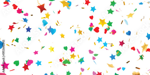 Colorful star confetti raining down, celebration, party, festive background, abstract, bright, fun, holiday, birthday, new year, joyful, scattered,, cheerful, dynamic, bokeh, decoration, event, succes
