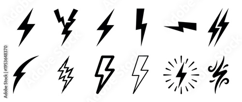 Twelve distinct black lightning bolt icons are displayed in a collection of various styles, including solid, outlined, and stylized designs, presented with a clean, graphic aesthetic