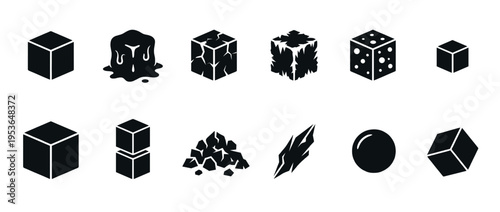 Various black silhouette ice cube icons depicting different forms and states of frozen water, presented in a clean, graphic, and minimalist style