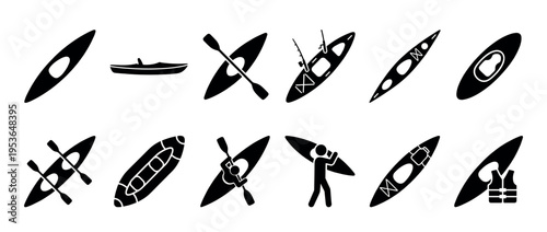 Various black silhouette kayak and canoe icons depicting different styles, equipment, and activities associated with paddling sports, presented in a clean graphic style