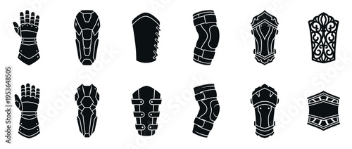 Twelve black silhouette armor pieces, including gauntlets, greaves, and knee pads, presented as various protective gear icons with intricate outlines