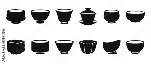 Twelve black iconic tea cups and bowls silhouettes are arranged in two rows, showcasing a variety of traditional and modern ceramic drinkware designs in a clean graphic style