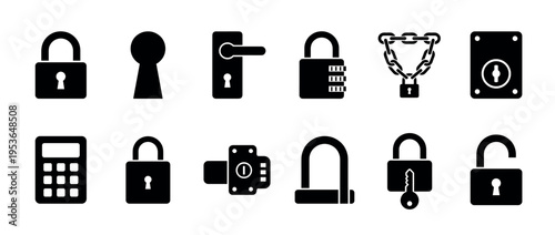 Twelve black silhouette security lock icons featuring various padlocks, keyholes, door handles, and locking mechanisms in a graphic, flat vector style