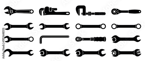 Collection of black silhouette hand tools, including various wrenches, a pipe wrench, C-clamp, ratchet, and hex key, presented in a clean graphic style
