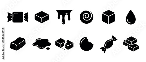 Various black silhouette candy and sugar icons depicting sweet treats, confectionery elements, and dessert ingredients in a clean, graphic style