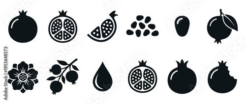 Black silhouette pomegranate fruit icons depicting whole, cut, sliced, and seeded fruit, along with a flower, branch, and juice drop in a flat, minimalist style