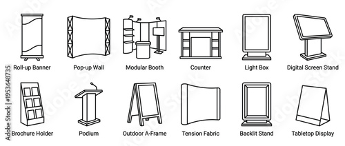 Collection of twelve diverse exhibition display stands and advertising elements, presented as clean black outline icons with a minimalist design