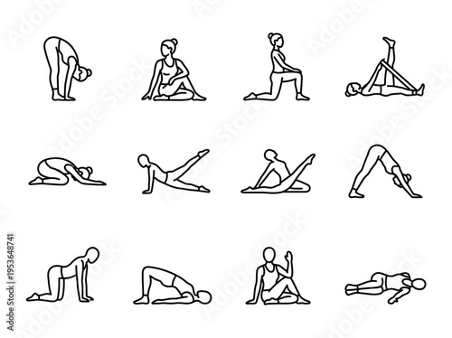Twelve black outline yoga poses are depicted in a minimalist, illustrative style, showcasing various stretching, fitness, and meditation positions