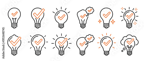 Collection of lightbulb icons with orange checkmarks, some glowing and some featuring thought bubbles, presented in a clean outline style