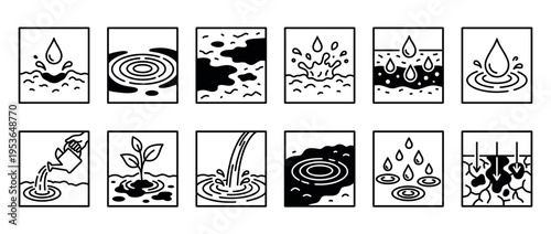 Twelve black and white line art icons illustrating various water and liquid environmental concepts, including drops, splashes, ripples, and pollution, rendered in a clean, minimalist style