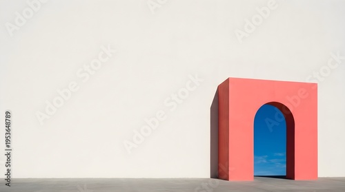 Minimalist pink archway against a white wall, revealing a clear blue sky, symbolizing opportunity and new beginnings.