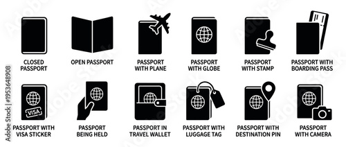 Eleven black and white passport travel icons depicting various aspects of international journey, including closed, open, with plane, globe, stamp, visa, and boarding pass