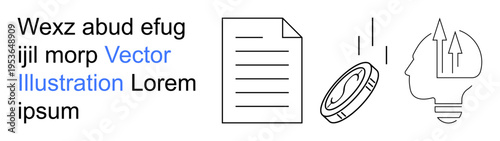 Business strategy, financial planning, idea exchange, documentation, innovation, decision-making. A document, a coin and a head with arrows. Business strategy and financial planning concept