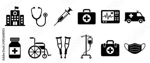 Comprehensive collection of black silhouette medical healthcare icons, featuring essential hospital equipment and emergency services in a clean, graphic style