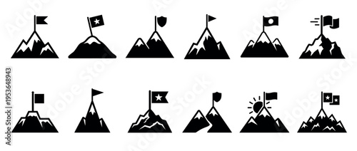 Ten black silhouette mountain peak flag icons are arranged in a grid, symbolizing achievement, success, and reaching goals in a simple, graphic style