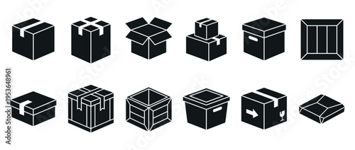 Various black isometric delivery and storage boxes and crates are depicted in a collection of simple graphic icons, showcasing different shapes and states