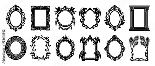 Twelve decorative ornate frames in black silhouette, featuring various antique, fantasy, and classical styles with intricate details, presented as elegant vector illustrations