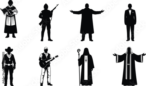 Set of Diverse Character Silhouettes Featuring Priest Soldier Tuxedo Cowboy Musician Bishop and Religious Figures for Graphic Design and Icons