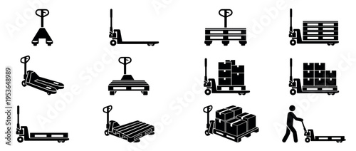Collection of black silhouette pallet jack icons depicting various uses, such as moving empty pallets, loaded pallets, and boxes, presented in a graphic style
