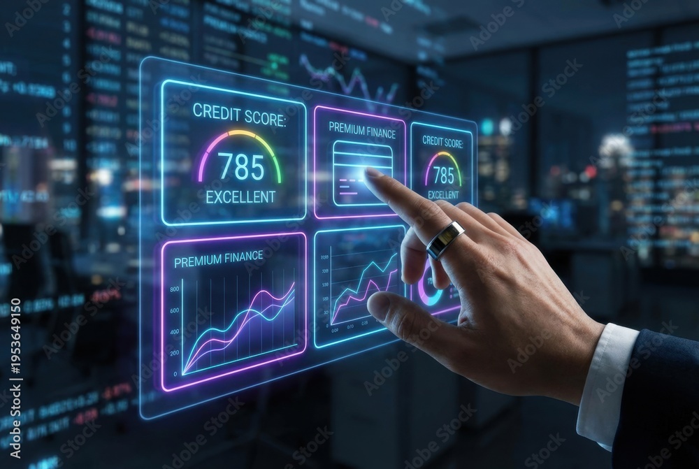 Fototapeta premium A close-up of a male hand interacting with a digital financial dashboard displaying credit scores and graphs in a modern office setting at night.
