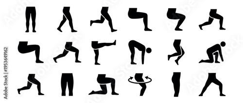 Black silhouette icons illustrating various human leg and body movements, including walking, running, squatting, and stretching, presented in a clean, graphic style