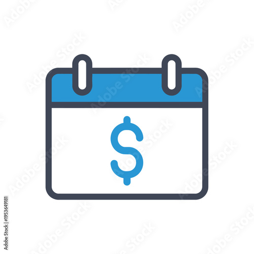 Blue and white calendar icon with a dollar sign symbol, representing financial planning, payment schedules, and money management in a clean minimalist vector line art style.