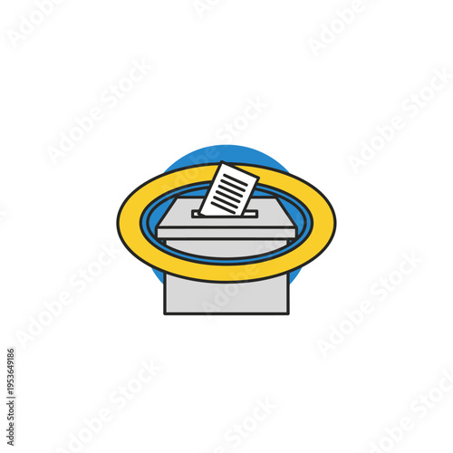 Minimalist vector illustration of a grey ballot box with a white paper ballot being inserted into a slot, set within a yellow oval frame and a blue circular background graphic.