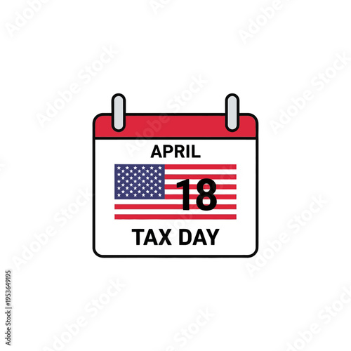 Flat vector illustration of a desk calendar icon displaying the date April 18 and the text Tax Day. The design incorporates the United States American flag graphic on a white background.