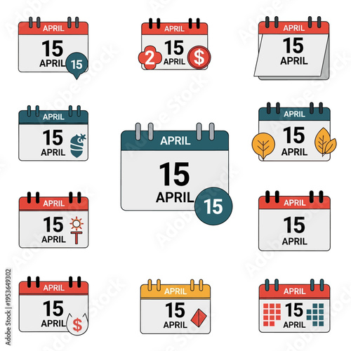 Collection of various April 15 calendar icons in flat vector style, featuring symbols like dollar signs, coins, envelopes, and leaves, ideal for tax day deadlines and financial planning.