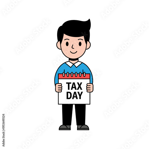 Vector illustration of a cute cartoon boy with black hair and a blue shirt holding a white calendar with the text Tax Day written on it, isolated on a plain white background.