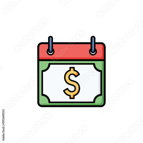 Flat vector illustration of a calendar icon with a red header and green body featuring a yellow dollar sign in the center, representing payment dates, budgeting, and financial scheduling.