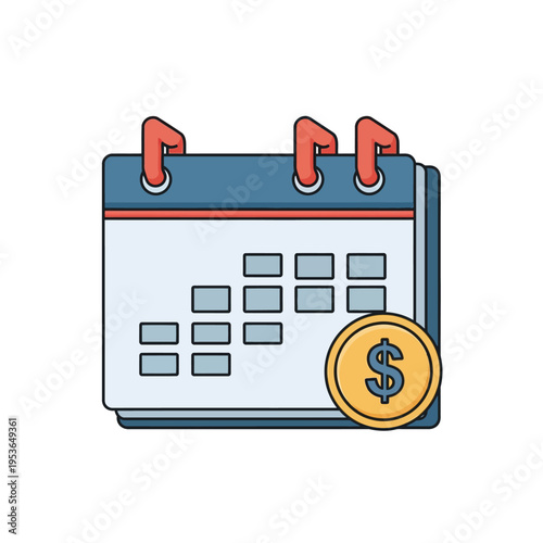 Vector illustration of a financial calendar icon with a gold dollar coin in the foreground, representing a payment schedule, tax deadline, payday, or budget planning event.