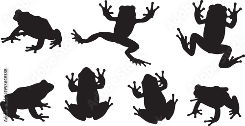 Diverse silhouettes of frogs in various dynamic poses and postures