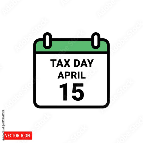 Flat vector calendar icon illustration for Tax Day on April 15 with a green header and white body, representing the IRS income tax filing deadline for individuals in the United States.