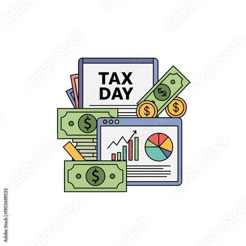 Flat vector illustration of a tax day concept including a document labeled Tax Day, green dollar bills, gold coins, and a computer screen displaying various financial data charts.