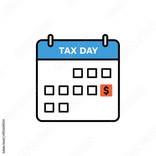 Tax day calendar icon vector illustration with a blue header and white grid background featuring a red highlighted date square with a black dollar sign symbol for financial deadlines.