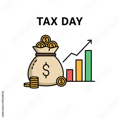 Tax Day financial concept illustration featuring a money bag with a dollar sign icon filled with gold coins, a rising bar graph, and a growth arrow isolated on a white background.