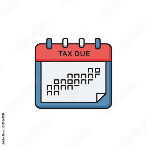 Vector illustration of a tax due deadline calendar icon with a red header and blue frame isolated on a white background, featuring square date symbols and a page curl.