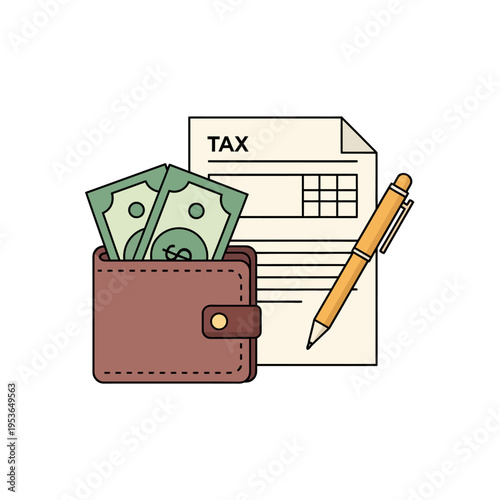 Flat vector illustration of a brown leather wallet containing green paper money bills positioned next to a tax return document and a yellow ballpoint pen on white background.