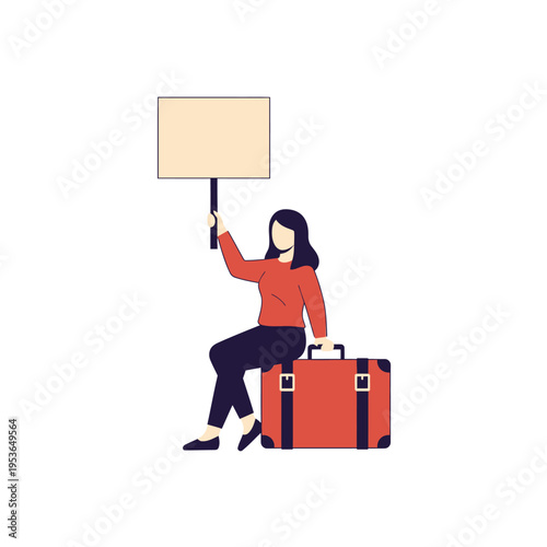 Vector illustration of a young woman with dark hair sitting on a large red vintage suitcase while holding a blank rectangular placard sign on a pole against a white background.