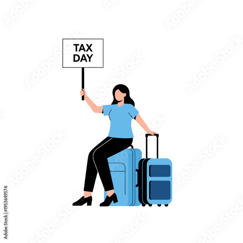 Flat vector illustration of a woman in a blue shirt and black pants sitting on a large blue suitcase while holding a square white sign with the text TAX DAY on a white background.