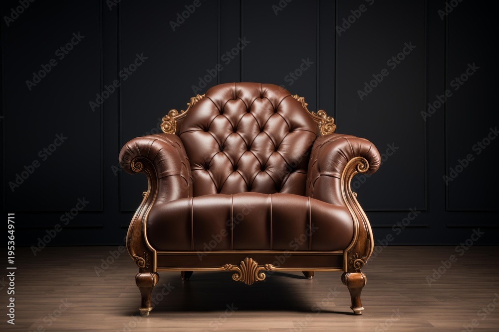 Fototapeta premium Luxurious brown leather armchair with quilted upholstery and an ornate golden frame, conveying opulence and comfort in a sophisticated dark room
