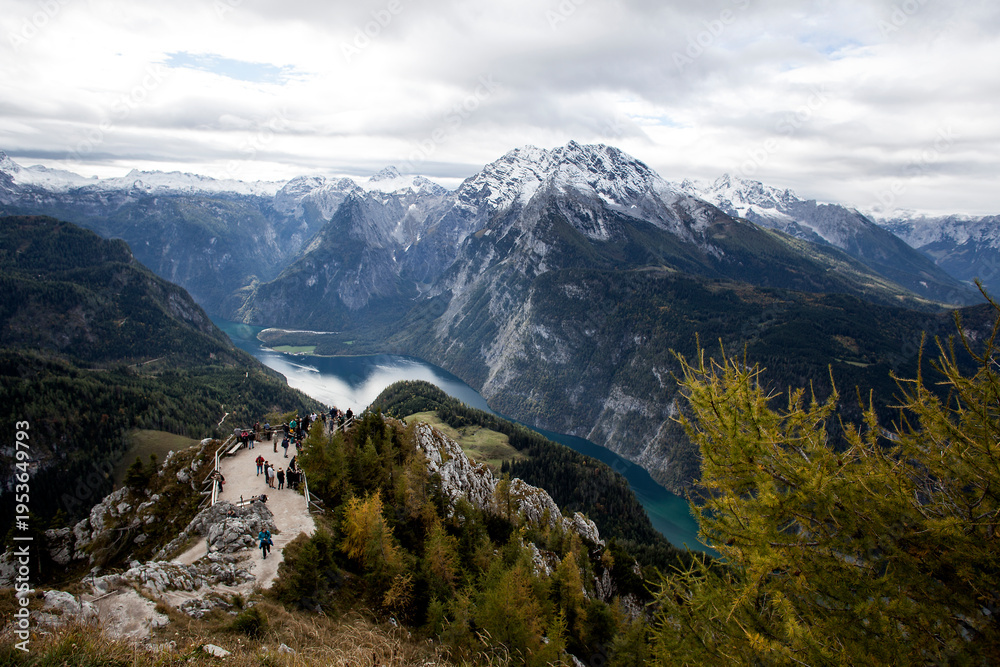 Obraz premium Panoramic view from Jenner mountain towards lake Konigssee, in autumn, Bavaria, Germany