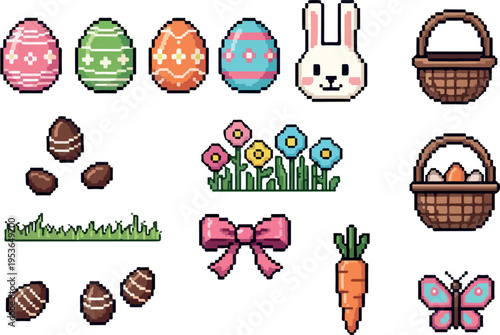Pixel Art Easter Icons Easter Eggs, Baskets, Bunnies, Carrots, and Flowers for Festive Decorations