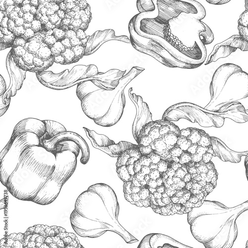 Seamless pattern of the cauliflower, garlic and bell pepper. Vector ink styled illustration. For packaging design, cards, cover, prints, product labels and fabric.
