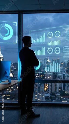 Wallpaper Mural Businessman observing futuristic digital data analytics in modern office overlooking city skyline at dusk Torontodigital.ca