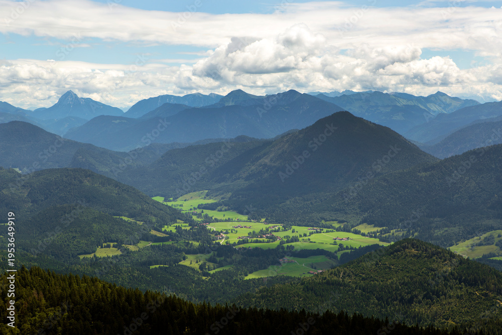 Fototapeta premium Panorama view from mountain Jochberg in Bavaria, Germany