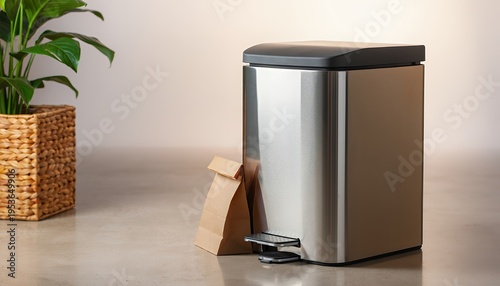 Modern Stainless Steel Rectangular Pedal Trash Can With Matte Black Lid and Foot Pedal Beside Brown Paper Bag and Potted Plant in Woven Basket on Concrete Floor