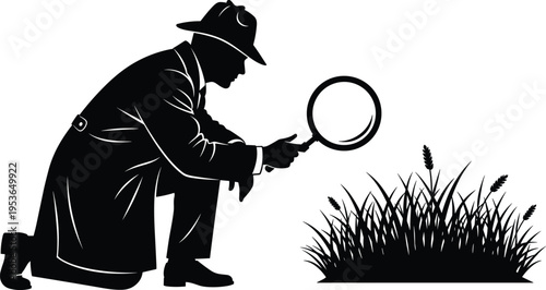 Silhouette of a private detective in a trench coat and fedora hat using a magnifying glass to investigate outdoor grass.
