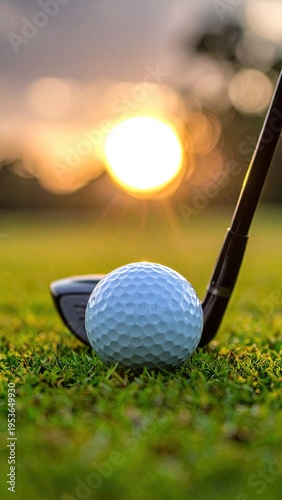Golf ball resting on lush green grass next to a golf club driver at sunset creating a serene and inviting scene for golfers and sports enthusiasts